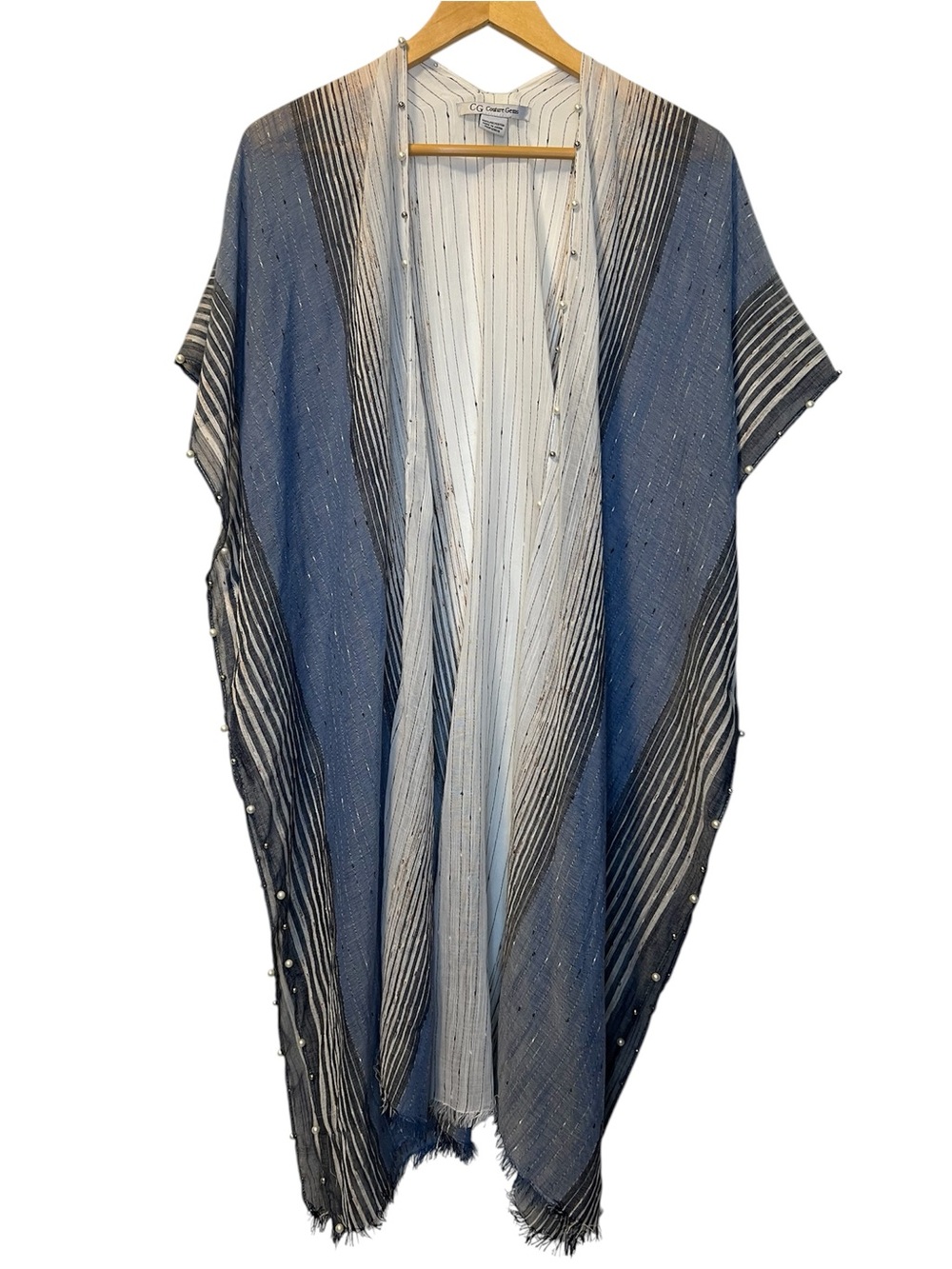 Embellished Two Toned Blue & White Striped Open Kimono Duster